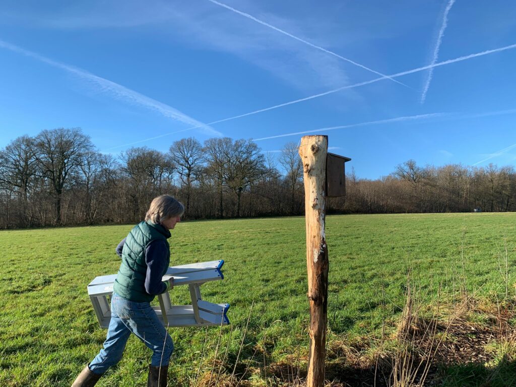 Une dame porte une escabelle. Elle se dirige vers un poteau en bois sur lequel est fixé un nichoir