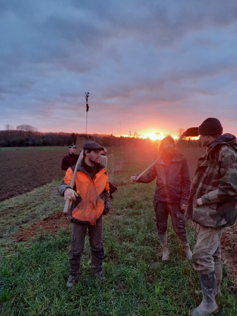 Trois hommes avec une pelle et le soleil qui se couche