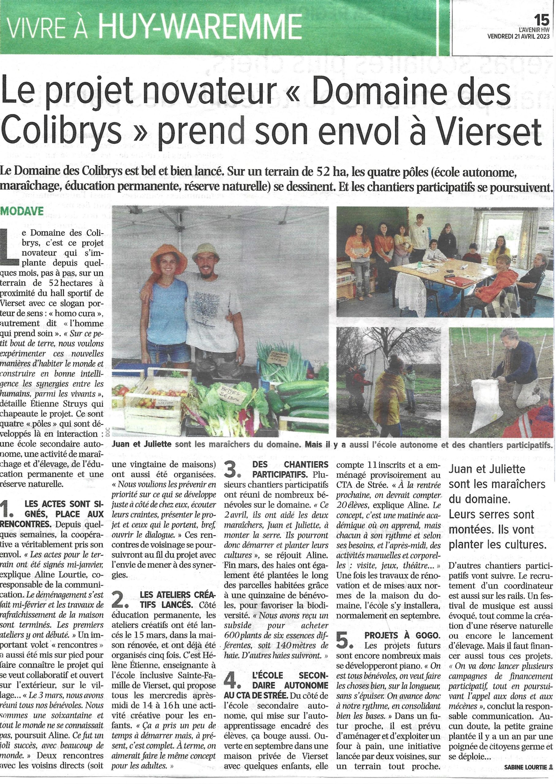 Article dans L’Avenir HuyWaremme du 21/04/2023