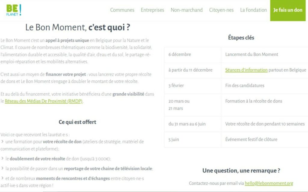 Extrait du site de la Fondation BePlanet présentant l'opération "Le Bon Moment"